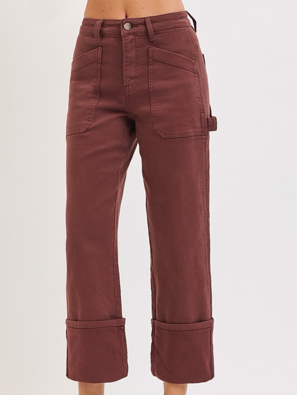 💜 RISEN High Rise Wide Straight Cuffed Patch Pocket Jeans - Choco Brown